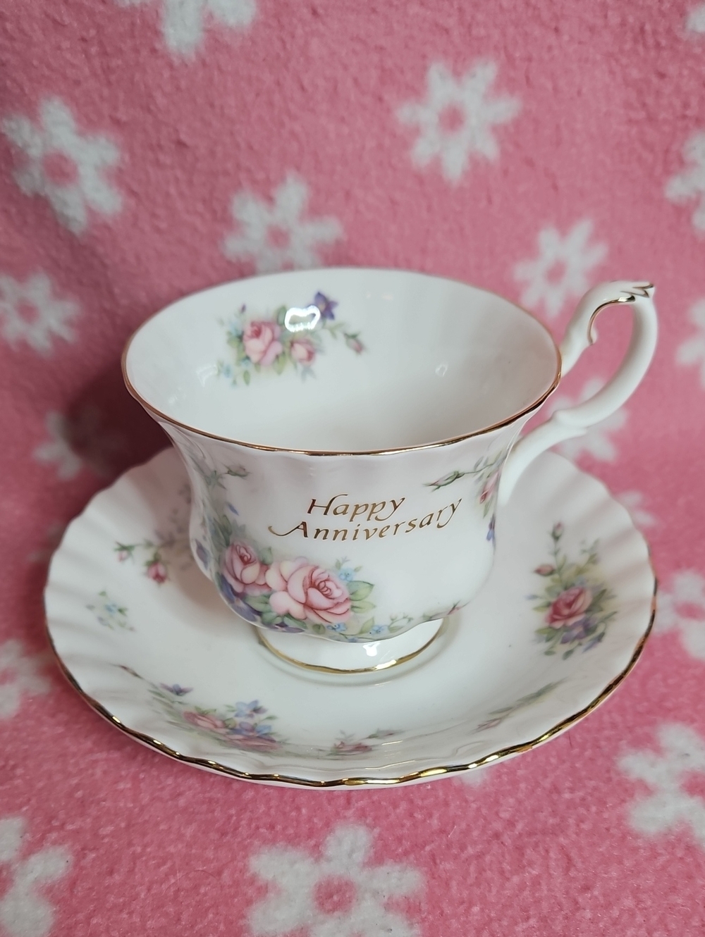 Happy Anniversary Pink Rose Porcelain Teacup and Saucer
